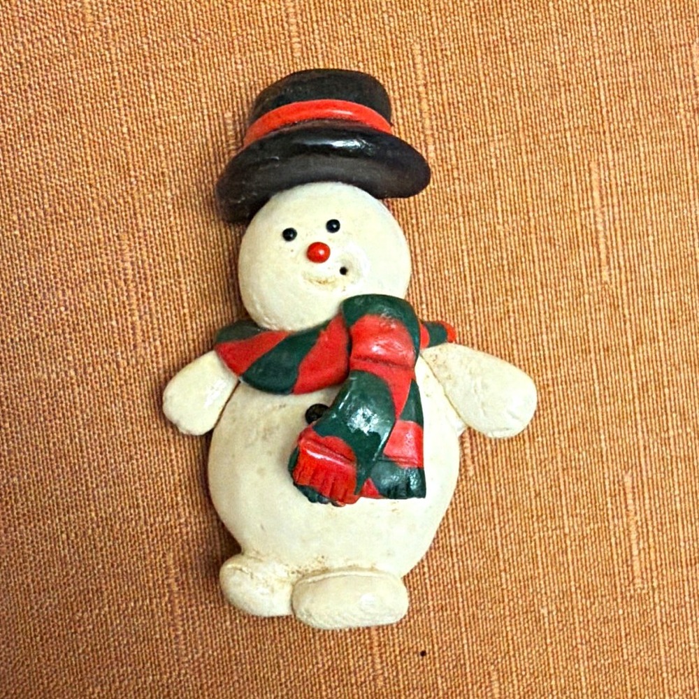 Snowman Brooch Pin, White Resin, Black Hat, Red & Green Scarf, Christmas